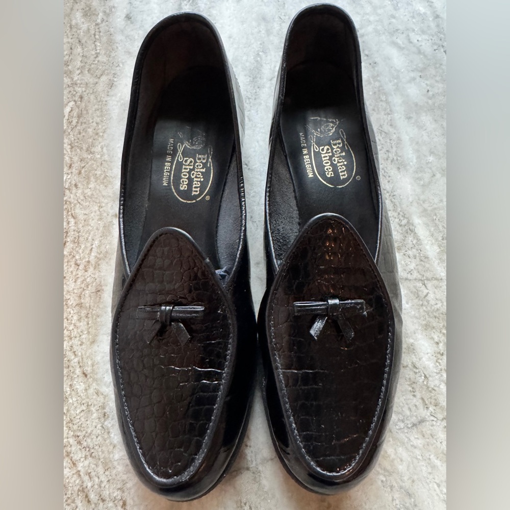 Belgian Shoes Travelette Slipper Black Crocodile Leather Loafer 6 Flats Bow Croc